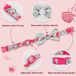 azuza Dog Collar with Bow Tie, Soft and Comfortable Adjustable Bowtie Dog Collar for Small Dogs (S, Camellia Flower)