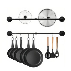 Boshangjia 24 inch Pan Rack Wall Mounted Set of 2, Pan Hangers for Kitchen, Industrial Pipe Utensils Hanging Rail Detachable Storage Organizer, Iron Lids Holder with 10 S Hooks