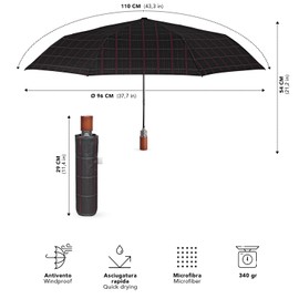 PERLETTI Black Men's Automatic Umbrella with Pattern - Windproof Pocket Umbrella Tartan with Handle - Men's Umbrella Lightweight Storm Resistant Windproof - Diameter 96 cm, Red stripe