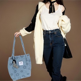 ICOCCI Women's Corduroy Tote Bag (Smiley Face Blue, Large) - Spacious, Fashionable Shoulder Handbag with Inner Pocket for Travel, Beach, Shopping, Work