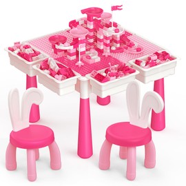 arscniek Toddlers Activity Table 7 in 1 Kids Activity Tables and Chairs Set with 152Pcs Large Marble Run Building Blocks, Sand/Water Tables, Kids Learning Play Table Toys for Girls Boys Toddler Pink