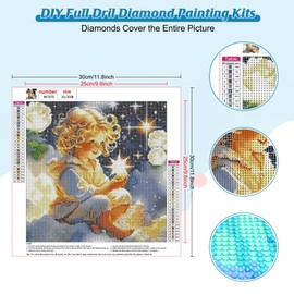 Bowetile 5D Diamond Painting Pictures Cute Angel, Flower Cloud Diamond Painting Set for Adults and Children, Complete DIY Diamond Art Painting Embroidery Set for Cross Stitch Pictures, Home Decor, 30