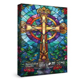 Stained Glass Cross Puzzles for Adults 1000 Pieces, Mosaic Christian Religious Jigsaw Puzzles, Flower Jesus Crucifixion Puzzles