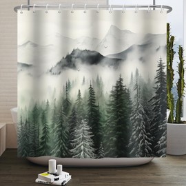 Kzzfqxb 165 x 180 cm Misty Shower Curtains with Hooks, White Mist Mountains Forest Pine Trees Woodland Landscape Waterproof Concealed for Bathroom Polyester Fabric Natural Decor for Bathroom Bathtub