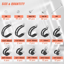 WYSIWYKA 60PCS Cable Clamps Assortment Kit,10 Sizes-1/4" 5/16" 3/8" 1/2" 5/8" 3/4" 1" 1-1/4" 1-1/2" 1-3/4" Wire Clamps,304 Stainless Steel Rubber Cushion P Clamp for Tube, Pipe,Wire Cord Installation