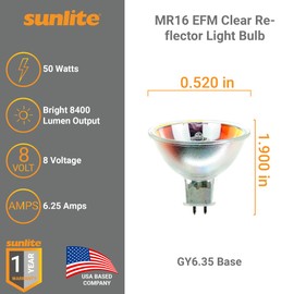 Sunlite MR16 EFM Clear Reflector Light Bulb, 50 Watts, 8V, 2-Pin GX6.35 Base, 99 CRI, 6.25A, 3300K Warm White, Ideal for Home Improvement, Landscape Lighting, and Track Light Bulbs, 1 Pack