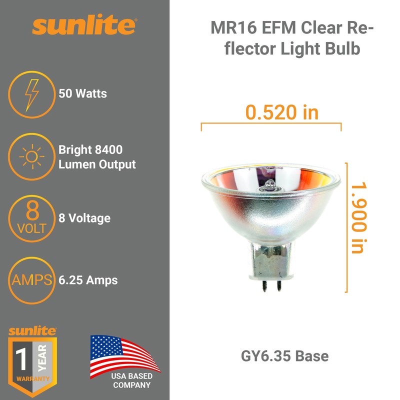 Sunlite MR16 EFM Clear Reflector Light Bulb, 50 Watts, 8V,