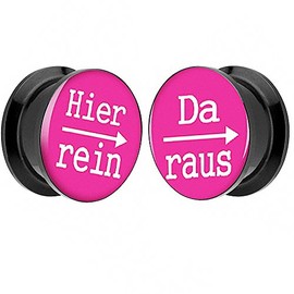 Piersando Ear Plug Piercing Plastic with "Hier rein Da Raus "Hier rein Da Raus" [German Language] Black Motif Comic Picture Pink 24 mm 1 Pair Set of 2