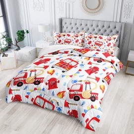 QOOMO Fire Truck Comforter Full Size,Red Fire Engine Comforter Set for Kids Teens Boys,3Pcs Bedding Set Printed Comforter with 2 Pillowcases,Soft and Lightweight(Red White，Full Size)