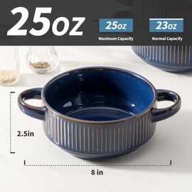Howise Soup Bowls with Handles, 20 oz French Onion Soup Crocks, Stackable Soup Bowl Oven Safe for Chili, Beef Stew, Embossment Ceramic Bowl Set - 5.4 Inch, Set of 4，Blue