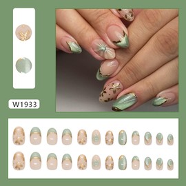 3D French Tip Press on Nails Medium Almond Green Glitter Fake Nails Flowers False Nails with Designs Full Cover Almond Shaped Acrylic Nails Press ons Summer Stick on Nails for Women 24Pcs