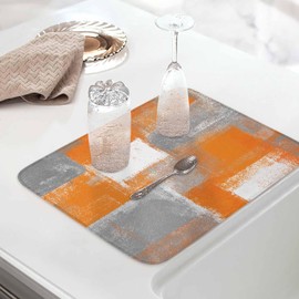 Debedcor Burnt Orange Dish Drying Mat for Kitchen Counter, Grey Geometric Color Block Microfiber Rack Pads, Modern Oil Painting Abstract Art Absorbent Dish Bottle Drying Mat, 16 Inch x 18 Inch