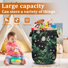 Black Cat in Greenery Laundry Basket with Sturdy Handles, Cute Cat Leaves Flower Collapsible Oxford Cloth Laundry Hamper Organizer Basket for Bathroom Bedroom 15.7x20 Inch