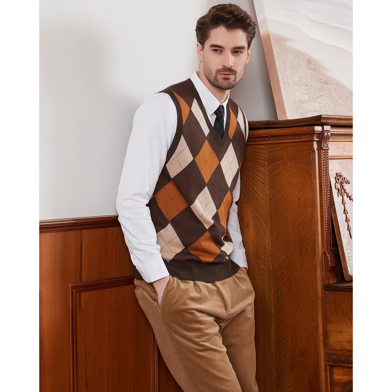 Kallspin Men's Big & Tall Argyle Sleeveless Jumpers Wool Blend