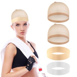 JJUNW 4 Pcs Nylon Wig Cap with Grip Band, Silicone Wig Grip Band Stretchy, Non Slip Wig Hair Band Reusable, Glueless Elastic Silicone Wig Grip Band for Women Wig and Sport Yoga