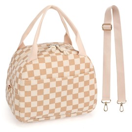 Lunch Bag Women with Shoulder Strap【Large Capacity】【Strengthen Insulation】【Durable ＆ Waterproof】 Cute Corduroy Lunch Tote Bag, Reusable Insulated Lunch Box/Cooler for Women/Girl/Men, Brown-Check