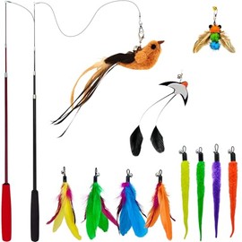 miwoowim Interactive Cat Wand Toy Set – 2 Retractable Wands (37" & 49") with 11 Refills Attachments – Feather Toys, Plush Bird, Worms, Insect & Swallow – Cat Teaser Toys for Indoor Cats & Kittens