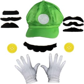 Bessy shop Mario Costume, Cosplay Costume Accessories, with Mario Caps Moustache Gloves Buttons Carnival for Christmas Decoration, Cosplay, Green