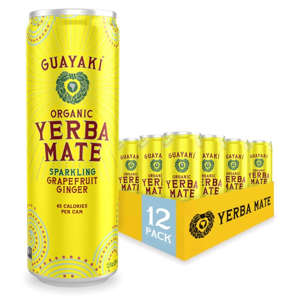 Guayaki Yerba Mate, Sparkling Clean Energy Drink Alternative, Organic Grapefruit Ginger, 12oz Cans (Pack of 12), 45 Calories Per Can, 80mg Caffeine