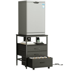 Herture Mini Fridge Stand with Storage, Ergonomic 4-Tier Organizer Mini Fridge Table with Power Outlet and Rolling Cabinet, Heavy-Duty Refrigerator Stand for Home and Office, Black HB02BXB