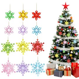 Liobelon 42 Pieces Colorful Snowflake Ornaments, Acrylic Christmas Tree Decorations with Hanging String Winter Crystal Snowflake Pendants for Xmas Tree Holiday New Year Wonderland Party Decor