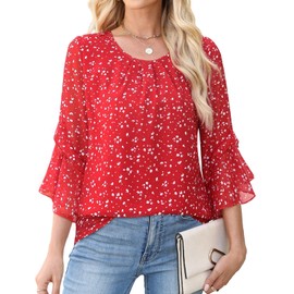 CiCiBird Women Chiffon Floral Blouse 3/4 Ruffle Sleeve Crew Neck Pleated Front Tops Dressy Casual Shirts Red M