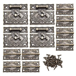 4 Sets Engraved Antique Hasp Latch Buckle and Vintage Engraved Hinge with Matching Screws Kit Bronze Rectangle Lock for Repair and Decorative Wooden Cases