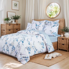 Brandream Duvet Cover King Size Floral Beddding Set Vintage Style Tree Blossom Birds with 100% Egyptian Cotton Quilt Comforter Cover Set(King,Blue)