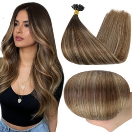 Full Shine U Tip Hair Extensions 16 Inch Ktip Human Hair Extensions Color 2 Dark Brown Fading To 3 Medium Brown Highlight 27 Blonde Balayage Natural Soft Remy 50G/50S Add Volume