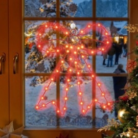 MUMTOP Christmas Window Silhouette Lights, Light Up Red Bowknot Window Lights Decorations, Battery Powered Metal Lighted Bow for Wall or Tree Topper Decor Holiday Party