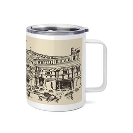 Lunarable Italy 10 Oz Steel Mug, Street of Florence Vintage Style Sketch Urban View Travel Europe Antique, Vacuum Insulated Leak-resistant Cup for Outdoor Hiking and Picnics, Beige Taupe