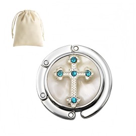 Zinc Alloy Cross Purse Hook for Table - Crystal Rhinestone Bag Holder Hanger, Lightweight Decorative Handbag Hook Accessories for Women, Restaurant Dining Gift (Light Blue)