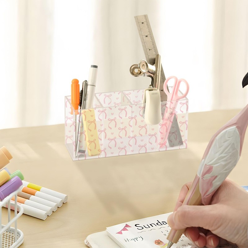 Aslsiy Cute Coquette Pink Bow Pen Holder White 4 Compartments