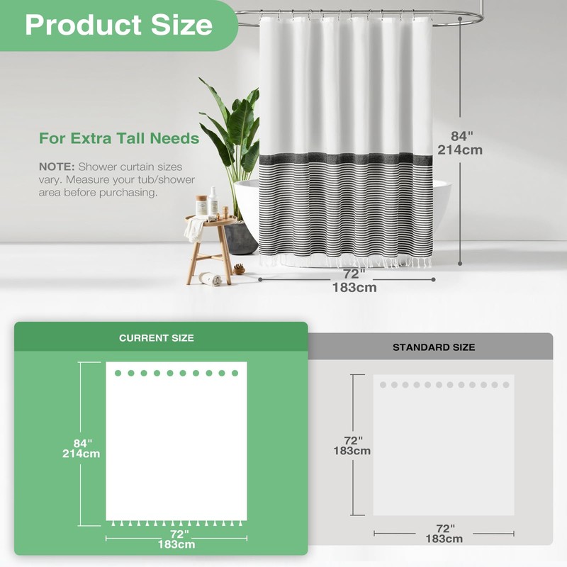 Dynamene Extra Long Fabric Shower Curtain, 84 Inch Long Farmhouse