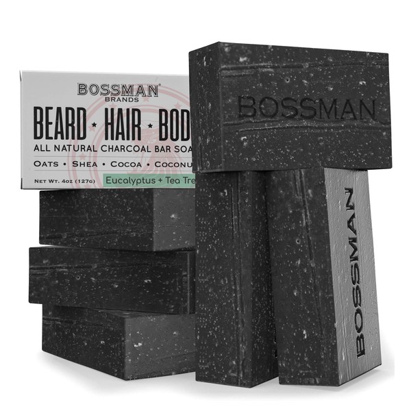 Bossman 6 Pack Mens Bar Soap 4-in-1 Natural Organic Beard Wash, Shampoo, Body Wash, Shaving and Bath Soap - Essential Beard Care, Scent- Eucalyptus and Tea Tree