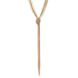 COOLSTEELANDBEYOND Chic Gold Lariat Necklace Tassel Pendant with Rhinestones, Multi-Strand Long Chains Y-Shape (CA)