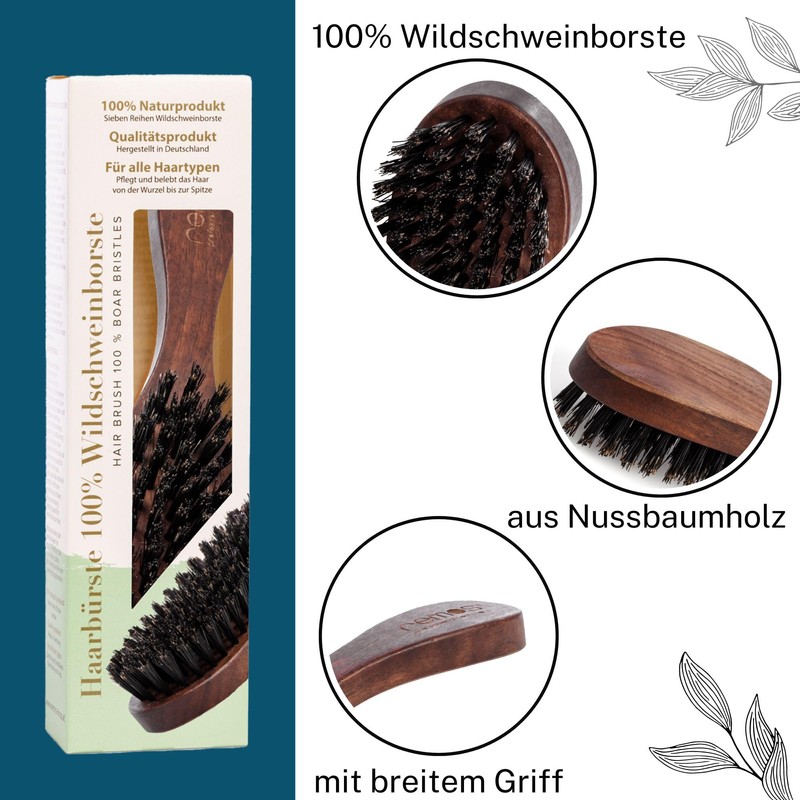 REMOS Hair Brush with 100% Wild Boar Bristle Walnut Wood