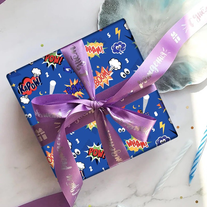 Comic Paper Blue Comic Theme Wrapping Paper, ZAP! KAPOW! POW!