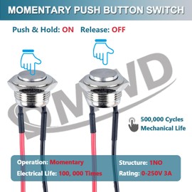 DMWD 2pcs 16mm Ultra Short Metal Waterproof Momentary Push Button Switch Silver Shell 5/8" Mounting Hole 12V 24V 110V (ON)-Off 2Pins 1NO High Head