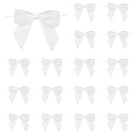 MECCANIXITY 50 Pcs Pre-Tied Bows Satin Ribbon Bows 3.5" Twist Ties Gift Bows for Craft DIY Candy Bags Christmas Wedding Decor Party Treat Bags White