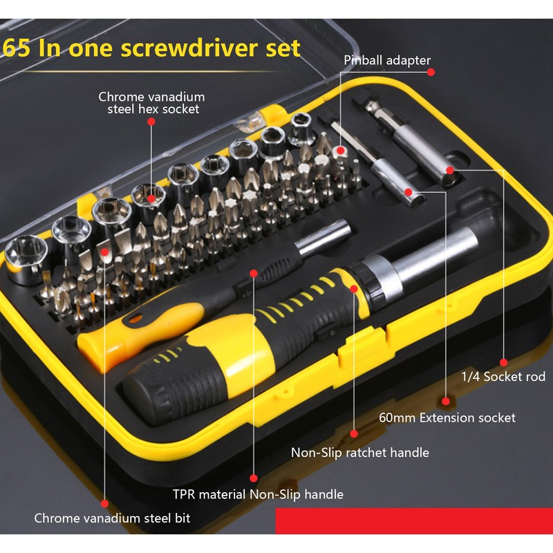 65Pcs Screwdriver Set Chrome Vanadium Steel SK‑1156 Ratcheting Electronics Repair
