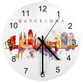 EQEY Barcelona Spain Cityscape Skyline Wall Clock Silent Non Ticking Round Home Decor Wooden Wall Clock Round Easy to Read for Home Office School Clock, 12 Inch
