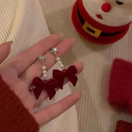 Christmas Red Velvet Bow Earrings for Women Red Velvet Bell Earrings Red Christmas Earrings Elegant Velvet Bow Earrings for Women (Red C)