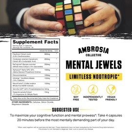 Ambrosia Mental Jewels (Capsules) - Cognitive Enhancer | Increase Memory, Communication Skills, Concentration & Focus | Alpha GPC, Choline, BaCognize | 120 Veggie Capsules (30 Day Supply)