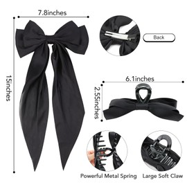 SEVEN LUCKY LIGHT Hair Bows,4 Pcs Bow Hair Clips for Women,Satin Silk White Hair Ribbon,Black Hair Ribbon and Claw Clips Set,Great Gifts Idea for Women Girls Teens Kids