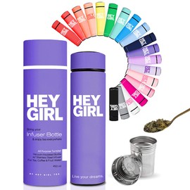 Hey Girl Tea Infuser Bottle 450ml - Insulated Stainless Steel Water Bottle - Thermos Tea Tumbler with Tea Diffuser - Portable Travel Mug for Loose Leaf Tea & Infused Water - Tea Lovers Gifts for Women