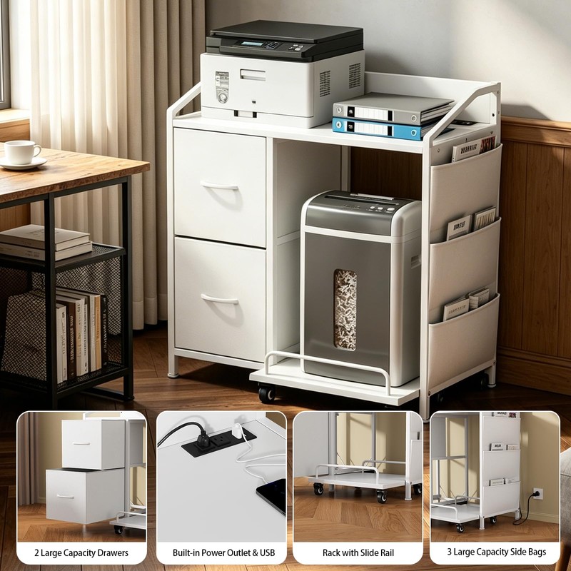 WODRAWER Printer Stand with Fabric Drawers, Lateral Office Filing Cabinets