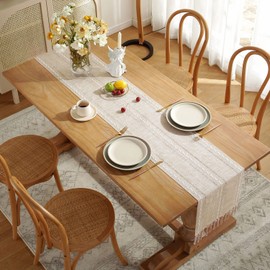 Yicorgard Linen Table Runner Rustic Farmhouse Style 33 x 183 cm, Striped Linen Cream Table Runner 72 Inches Long with Tassels for Dining Room Kitchen Reading Dresser Décor,Cream