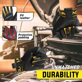 HANDLANDY Leather Work Gloves for Men & Women, Utility Mechanic Touch Screen Working Gloves for Gardening, Driving, Tool Handling, Construction (Yellow Black, X-Large)