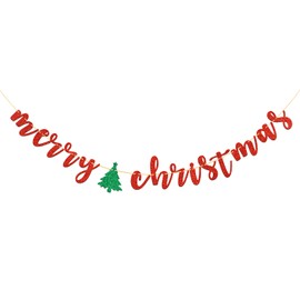 Red Glitter Merry Christmas Banner for Happy New Year, Home Holiday Party Decorations Supplies